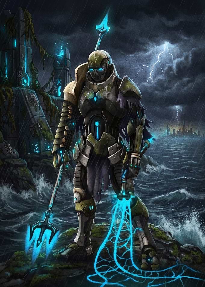 Cybernetic Warrior Standing in Storm