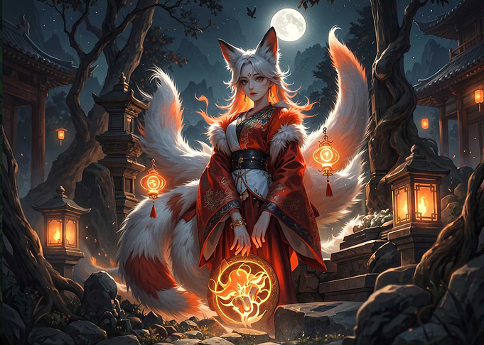 Kitsune Spirit in Moonlight Garden
