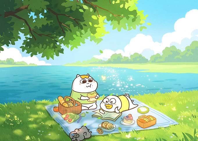 Cute Cartoon Picnic by the Lake