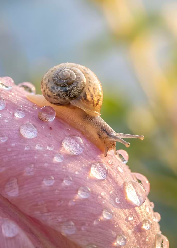 Snail on a Dewy Pink Petal