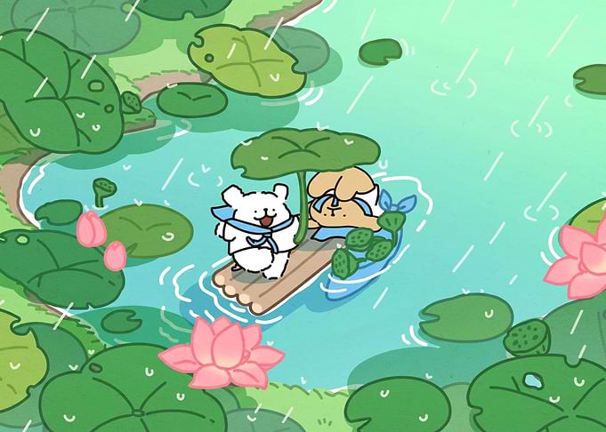 Cute Animals on a Lotus Pond