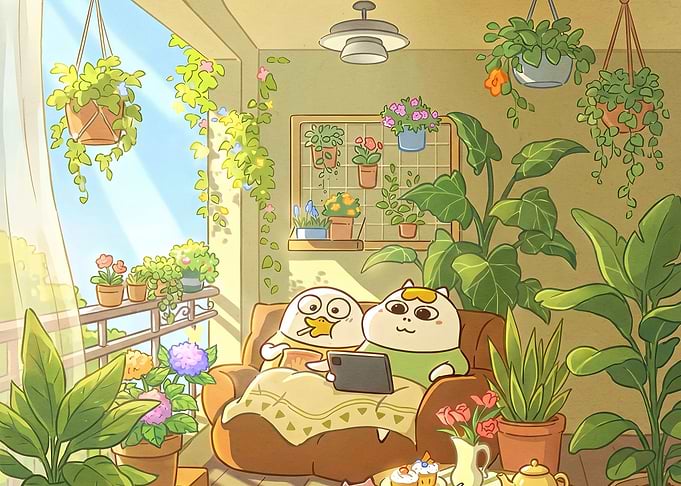 Cozy Cartoon Characters Relaxing with Plants