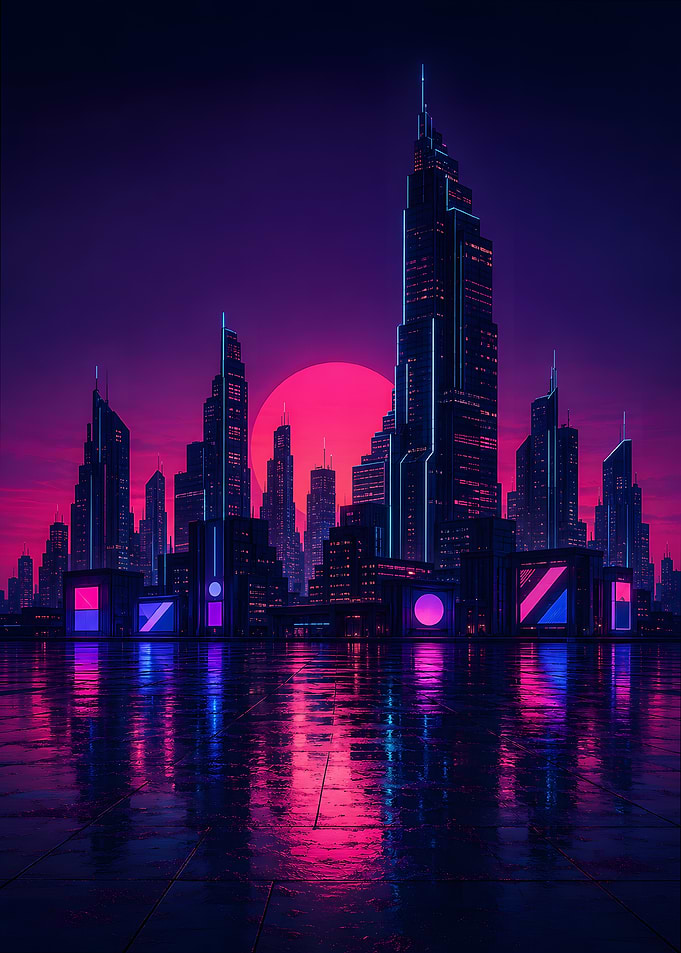 Neon Cyberpunk Cityscape Futuristic Skyline Art