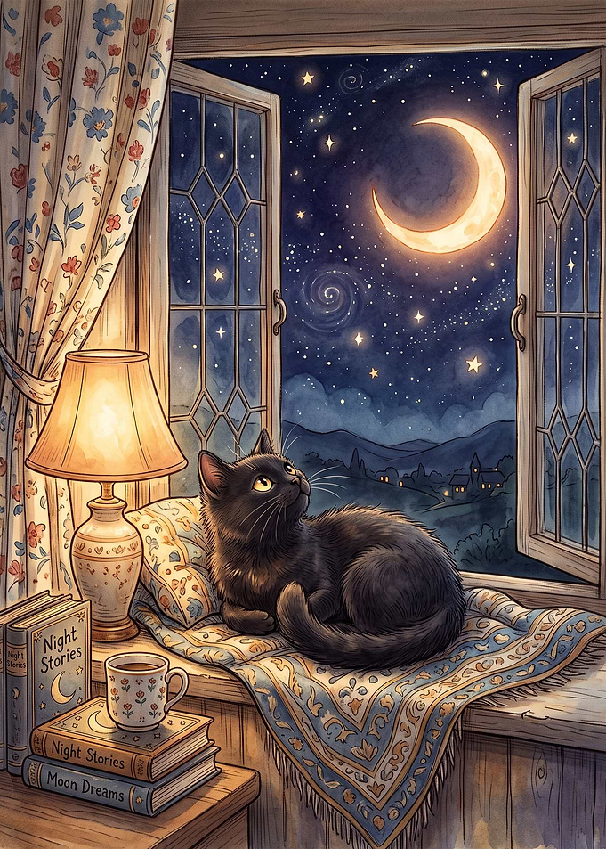 Black Cat Watching the Night Sky