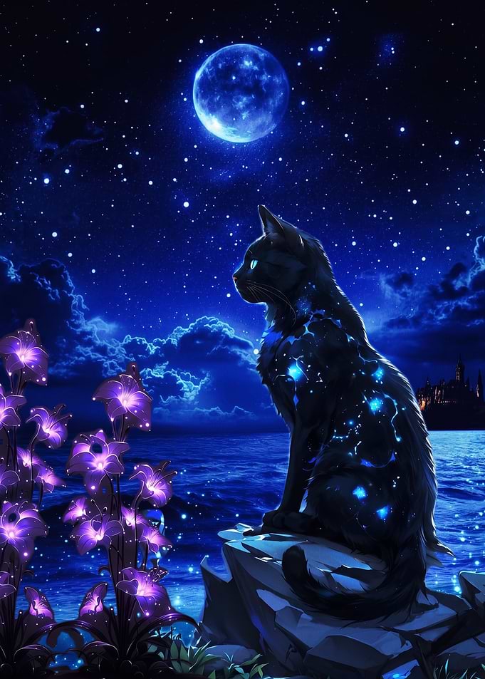 Celestial Black Cat Under Moonlight