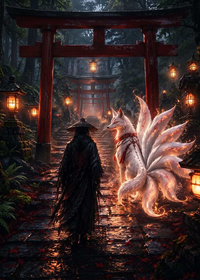 Samurai and Kitsune at Torii Gate
