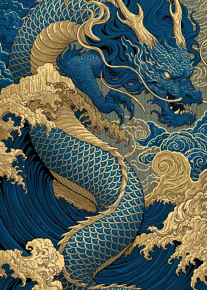 Majestic Blue and Gold Dragon