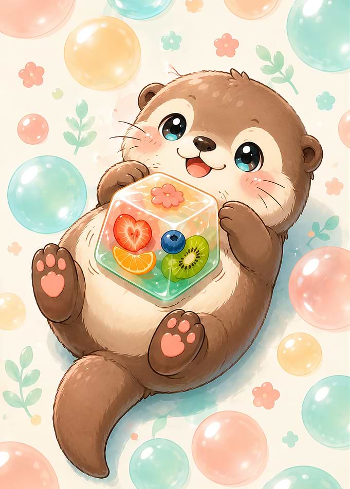 Cute Otter Holding Fruit Jelly Cube