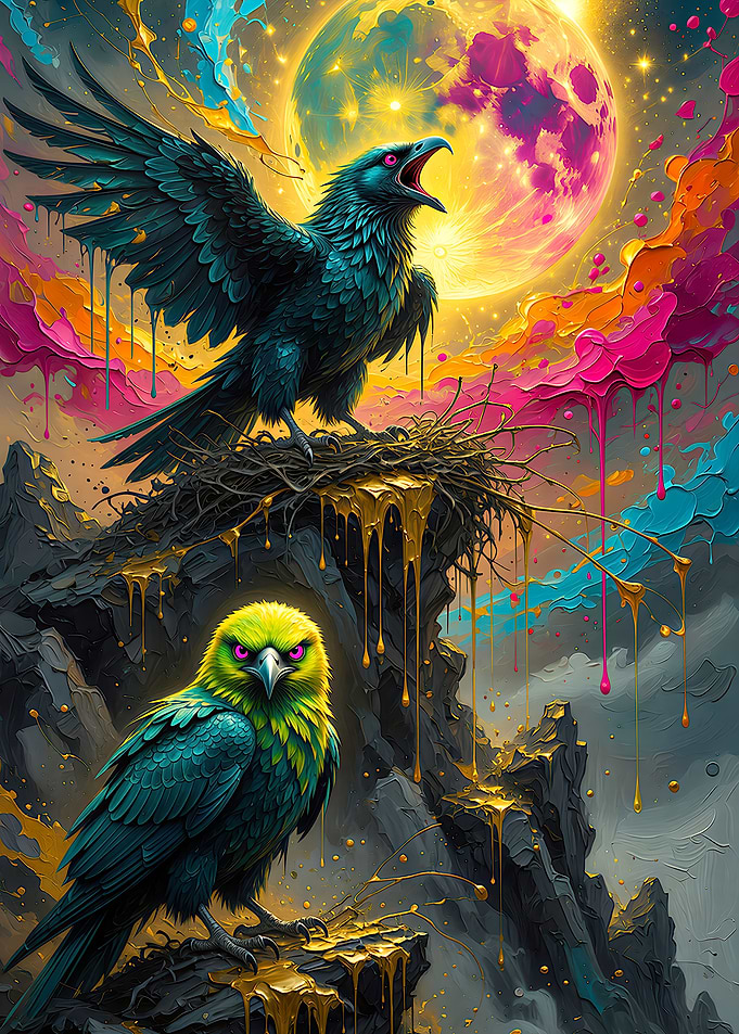Vibrant Raven Duo Under Moon