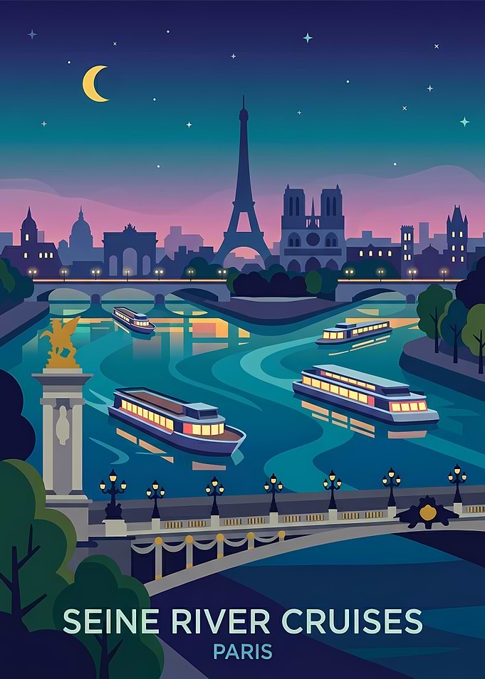 Paris Seine River Cruise Night Poster