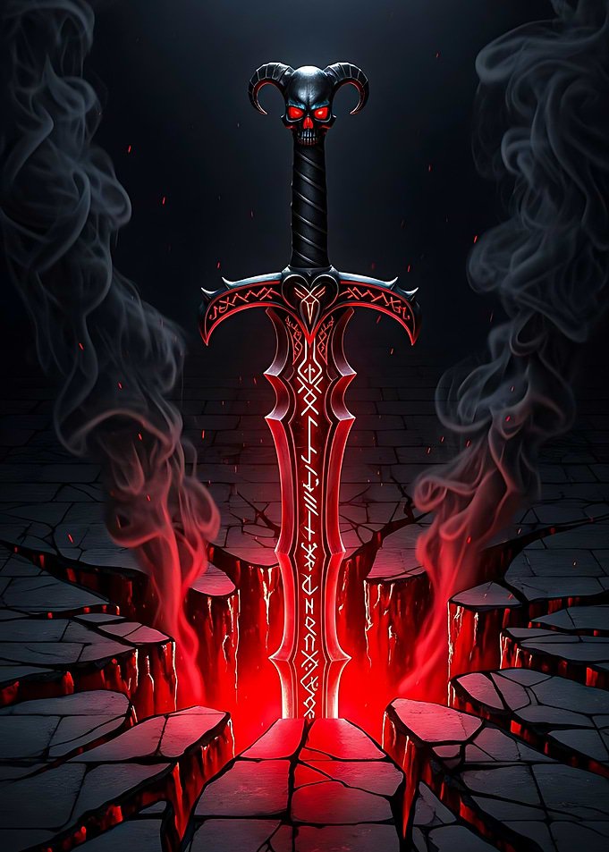 Demonic Horned Skull Fantasy Sword