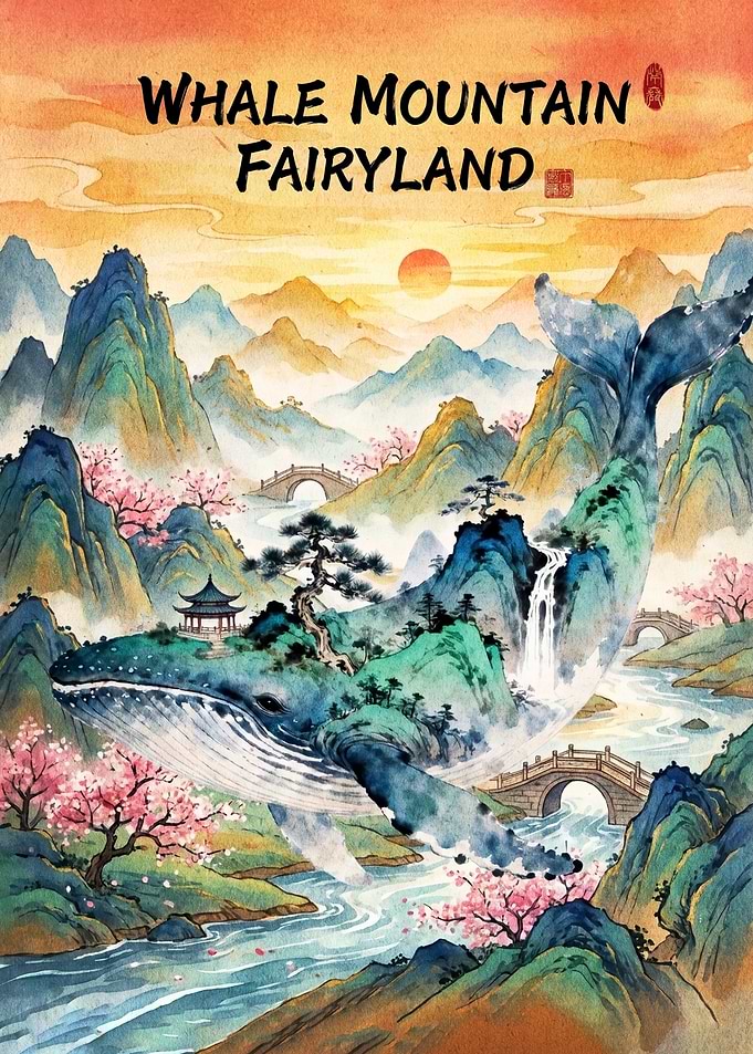 Whale Mountain Fairyland Watercolor Art