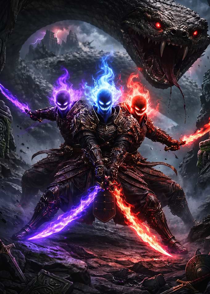 Elemental Warriors Facing Giant Serpent