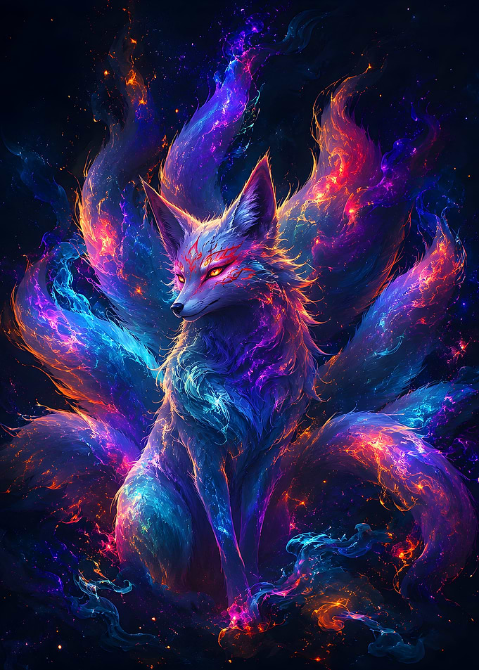 Celestial Nine-Tailed Fox | Neon Kitsune Fantasy Wall Art