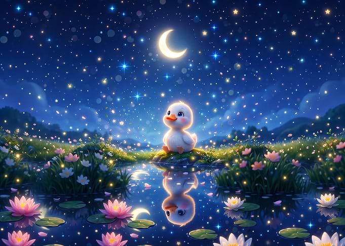 Cute Duckling Under Starry Night Sky