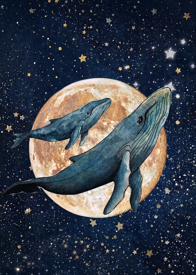 Whales Swimming Past the Moon