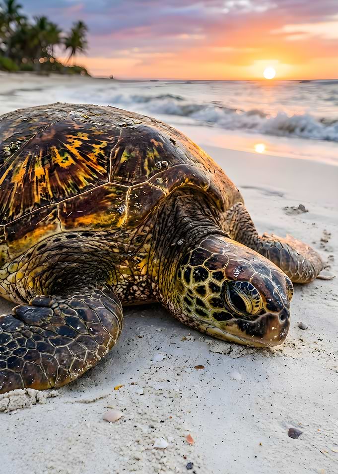 Sea Turtle on Tropical Beach Sunset