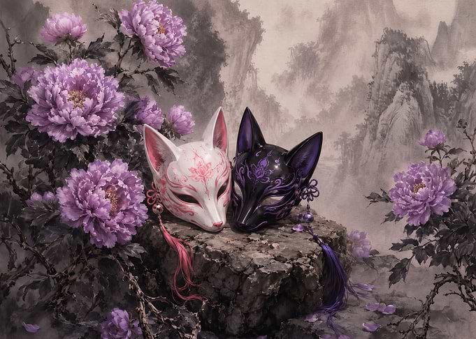 Kitsune Fox Masks with Purple Peonies