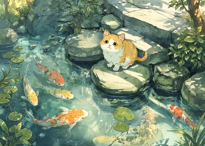 Cute Cat Watching Koi Fish