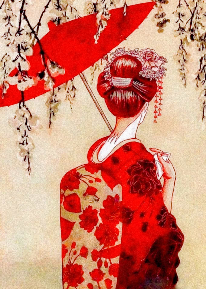 Elegant Japanese Woman in Red Kimono with Traditional Umbrella Under Cherry Blossoms