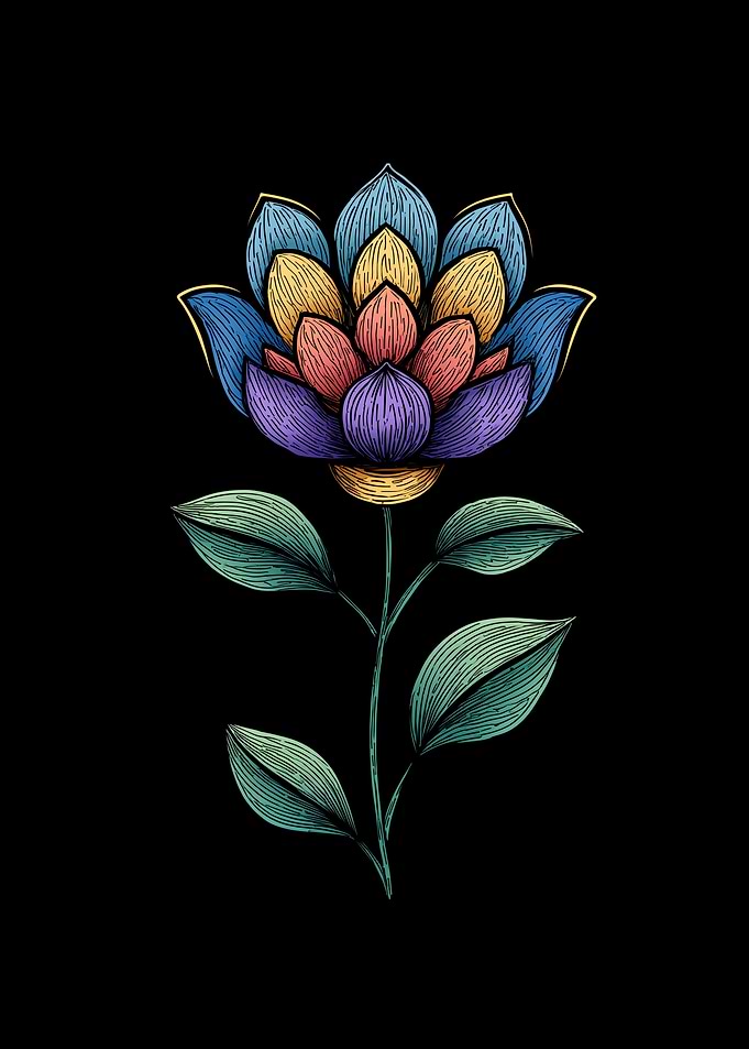 Engraved Style Colorful Lotus Flower