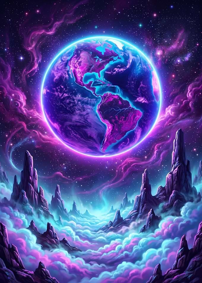 Neon Cosmic Earth Above Alien Landscape