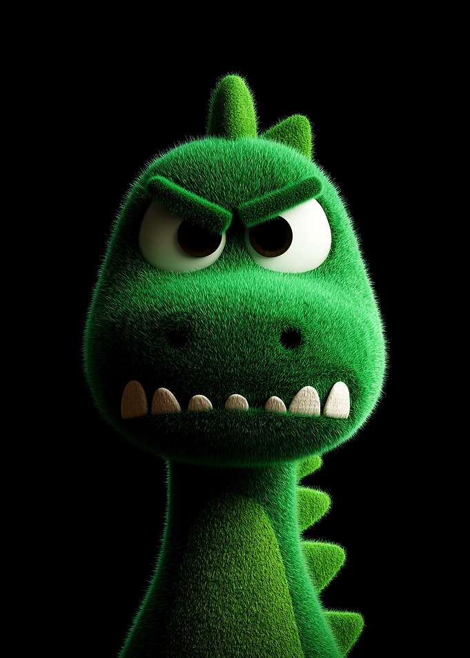 Fuzzy Green Angry Dinosaur Character