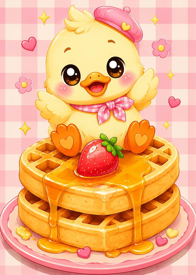 Cute Duckling Sitting on Honey Waffles
