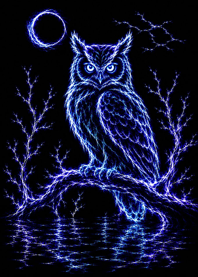 Neon Blue Fractal Owl