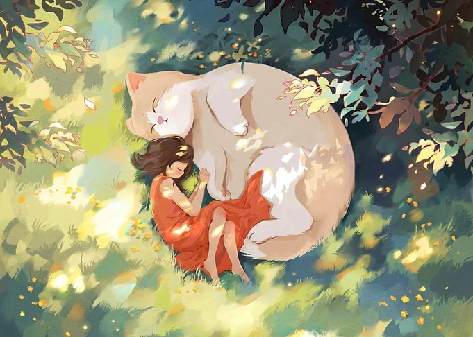 Girl Sleeping with Giant Cat