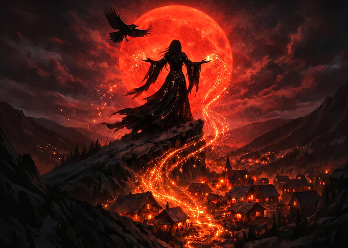 Witch Casting Spells Under Blood Moon