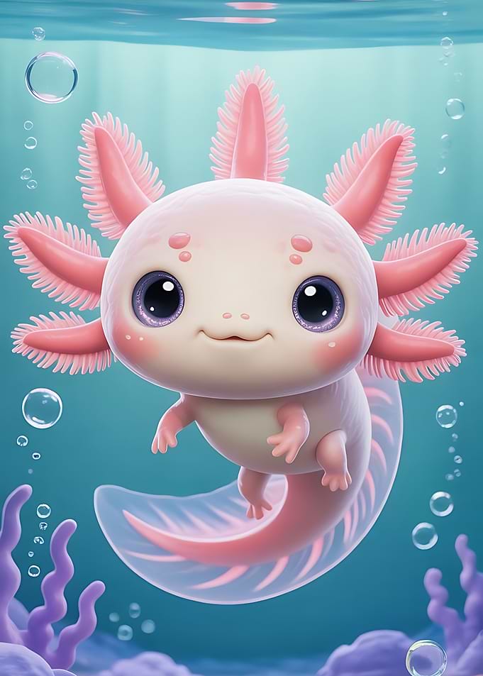 Cute Pink Axolotl Underwater