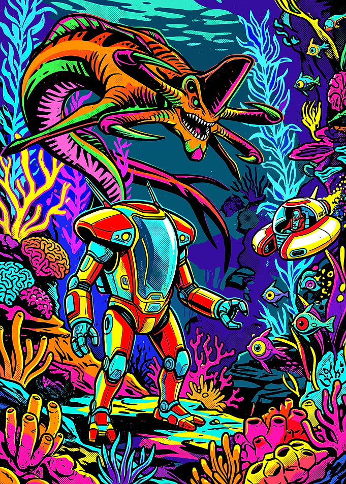 Subnautica Neon Underwater Exploration Art