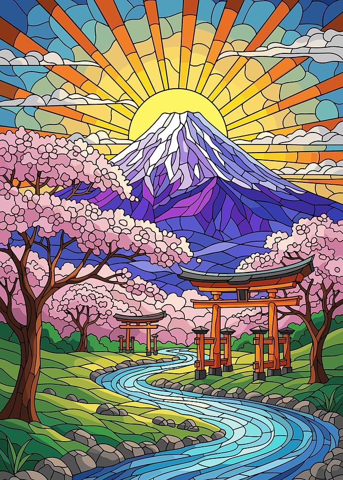Stained Glass Mount Fuji Landscape