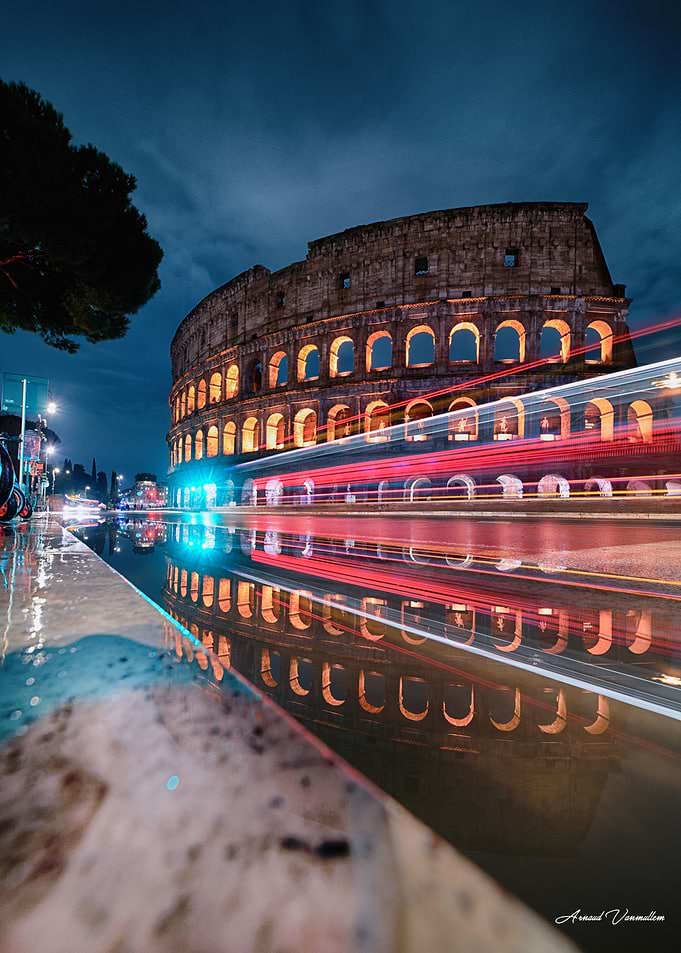 Colosseum at Night with Light Trails