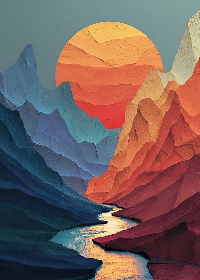 Abstract Mountain Landscape with Sun