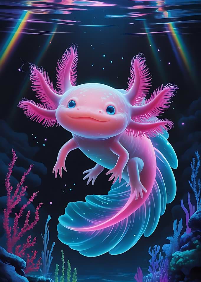 Glowing Neon Axolotl Underwater