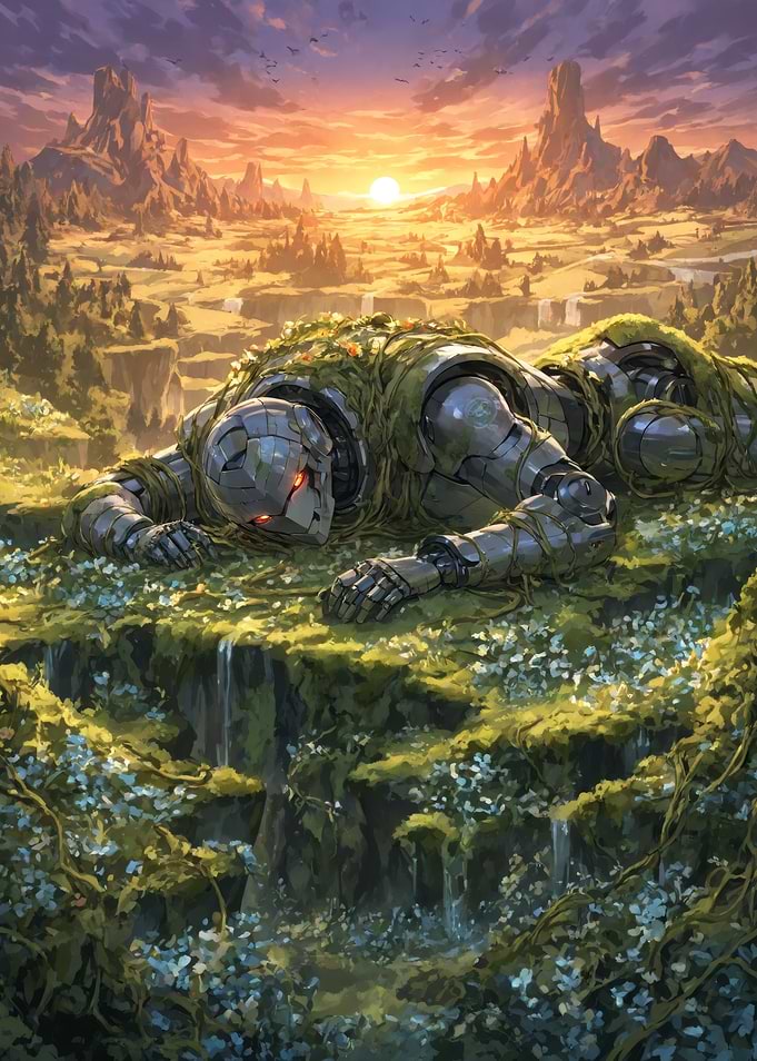 Fallen Robot in a Lush Landscape