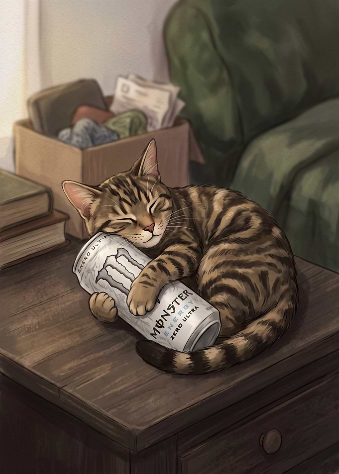 Cat Sleeping with Monster Energy Drink