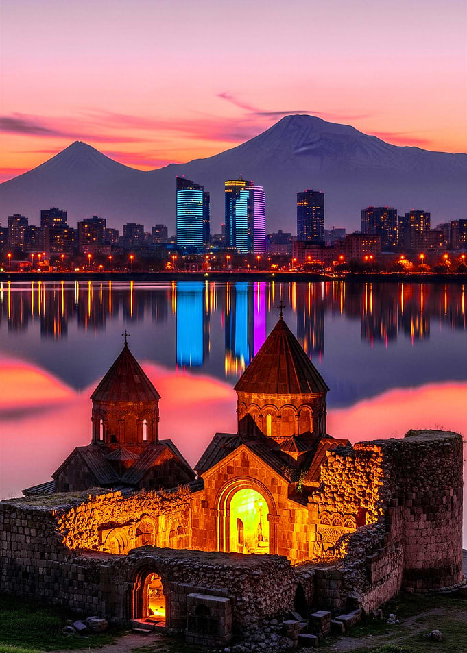 Ancient Monastery with Futuristic Yerevan Skyline
