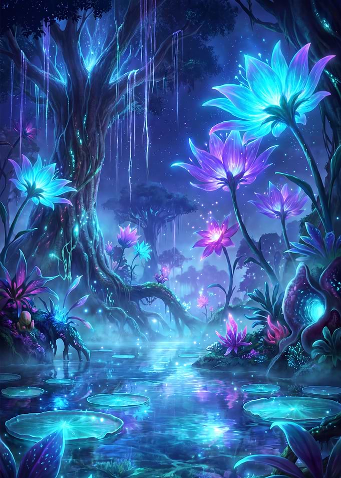 Enchanted Bioluminescent Forest Pond