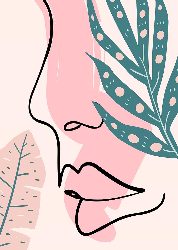 Minimalist Line Art Face with Leaves