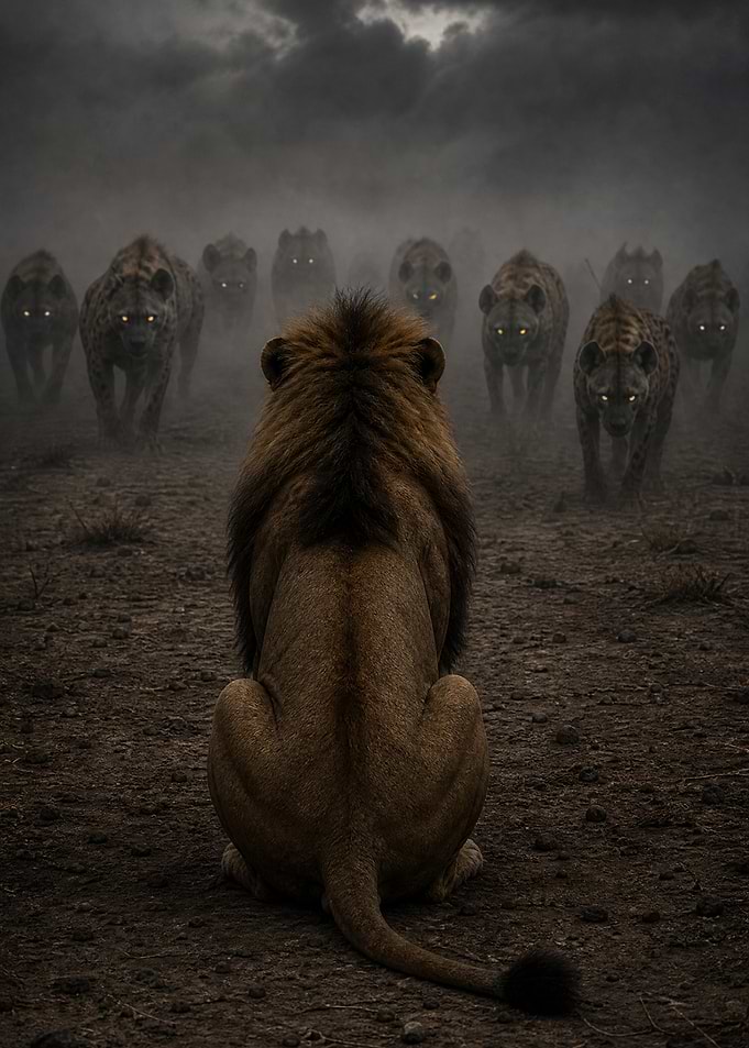 Lion Facing a Pack of Hyenas