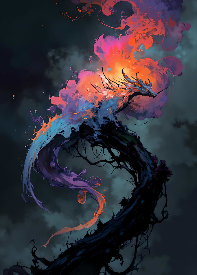 Ethereal Dragon Emerging from Dark Tree