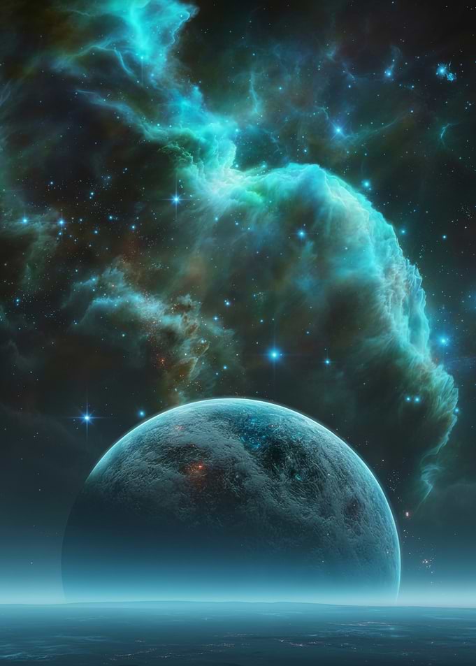 Majestic Frozen Exoplanet Beneath a Towering Emerald Nebula