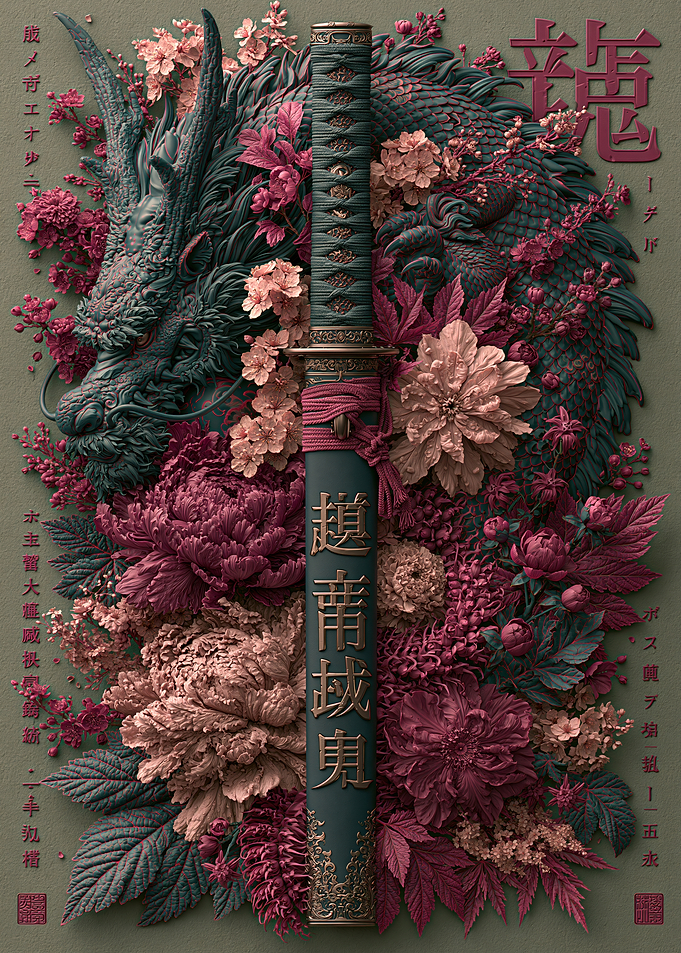 Katana Sword with Dragon and Flowers