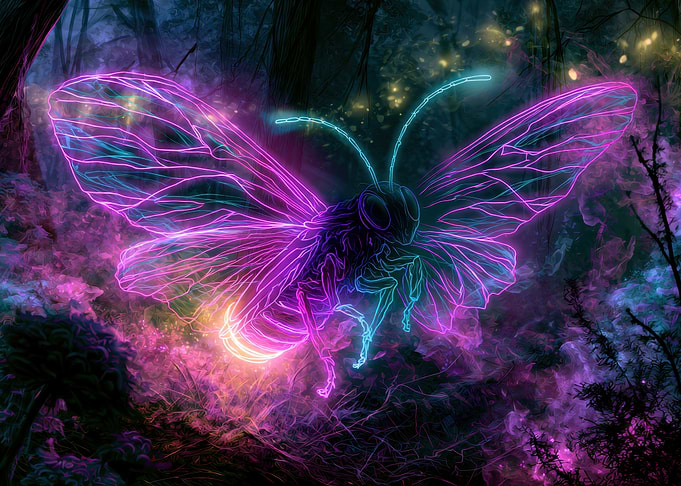 Neon Glowing Butterfly in Enchanted Forest