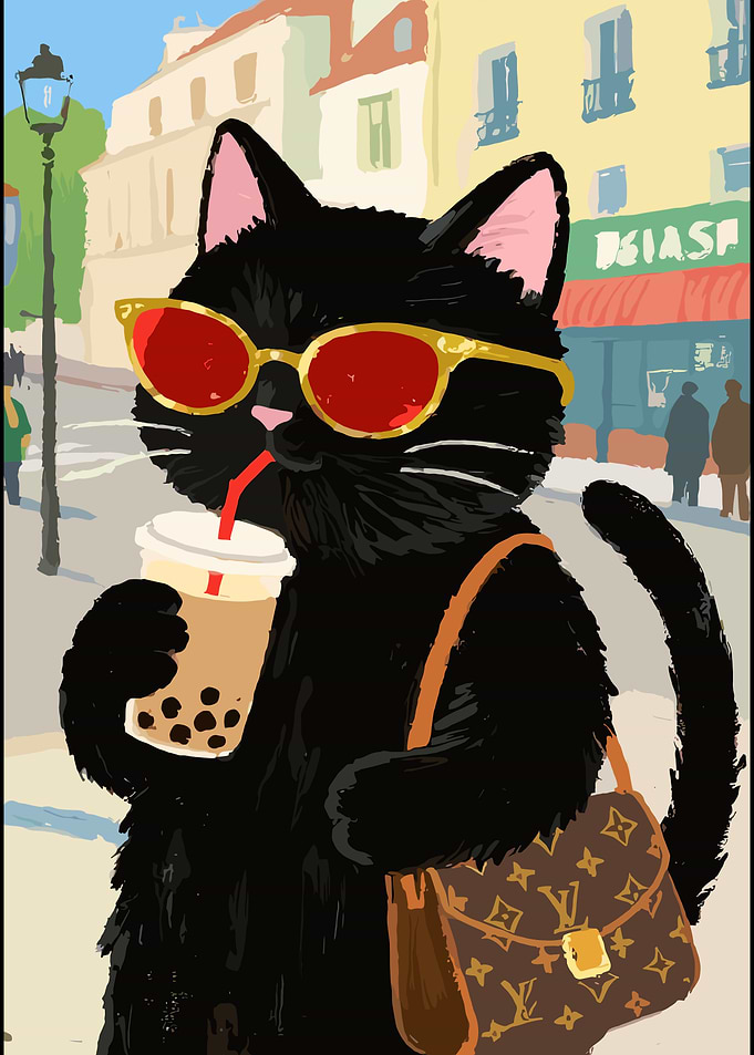 Stylish Black Cat with Bubble Tea