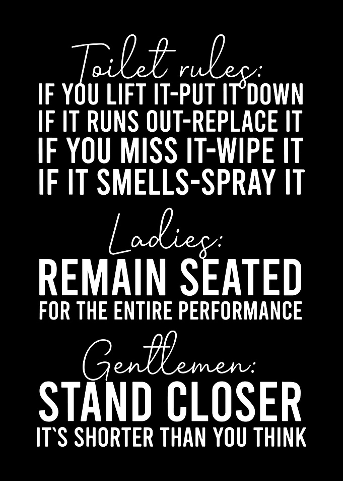 Funny Bathroom Rules Typography Poster | Minimalist Black and White Restroom Wall Art