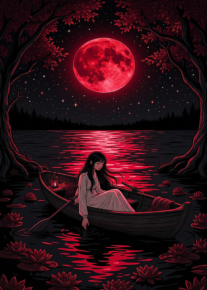 Girl in Boat Under Red Moon